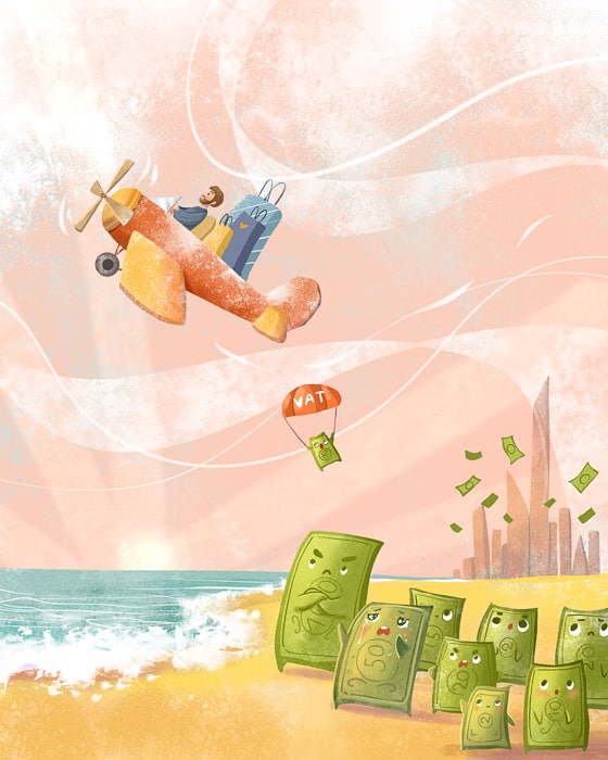 How VAT Refunds Help Travelers Save Money 2 Humorous illustration-tourist in small plane observed by animated money bills below