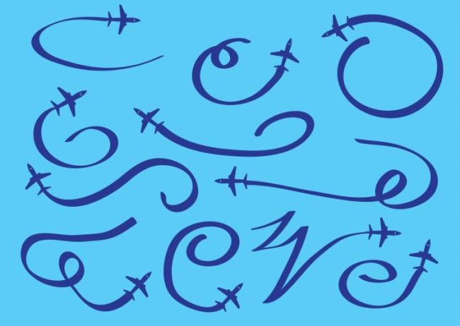 Contrails of Flying Airplane Vector Illustration Vector illustration of cartoon airplane in flight and leaving stylized swirly trails isolated on blue background.