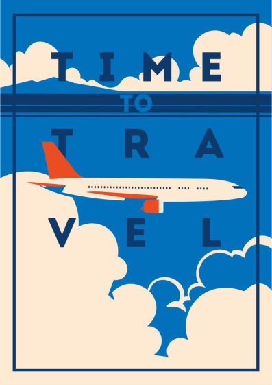 Time to Travel and Summer Holiday poster. flat illustration depicting a passenger jet flying above clouds against a blue sky. Text above airplane reads "Time to Travel." Used to illustrate travel to/from the airport concept.