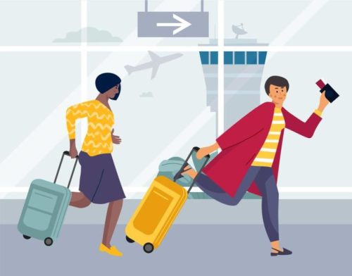 Late tourists. Women running for plane landing. Persons rushing to take seats on aircraft. Female characters in airport. Travelers carrying baggage. Vector girls with luggage and tickets Digital illustration depicting two women running through an airport with wheeled suitcases in tow. An airport tower and an airplane taking off are seen in the background. Image illustrates an article on transportation from Manhattan to LaGuardia Airport.