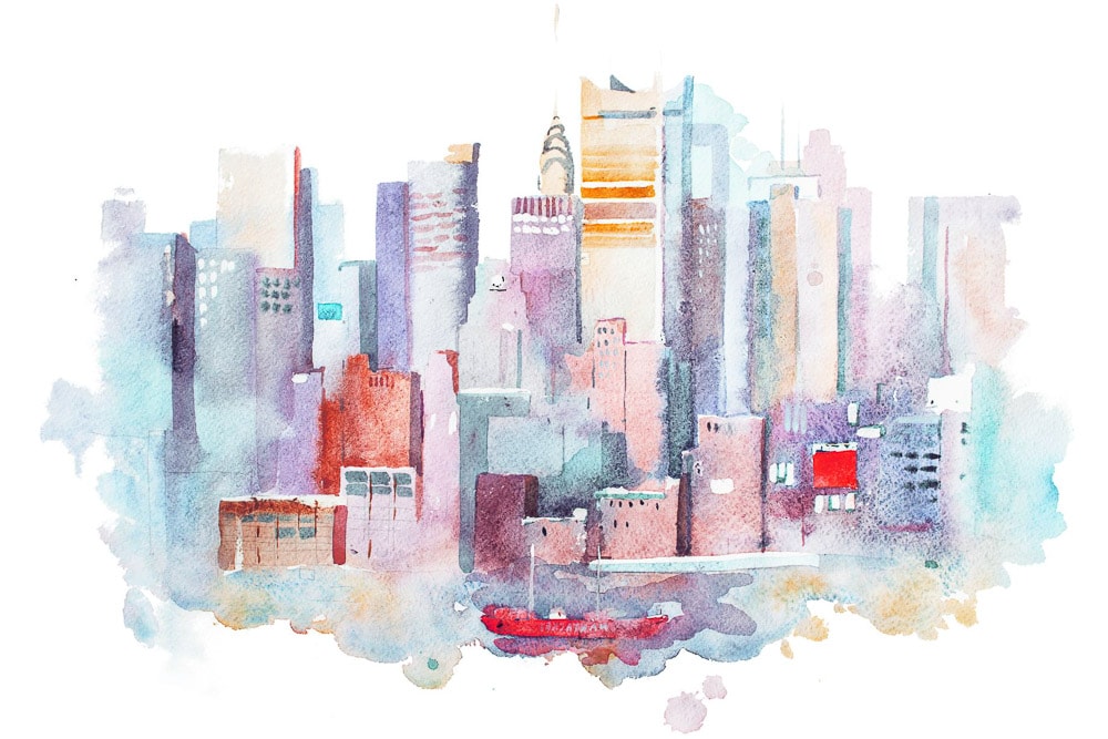 colorful, abstract watercolor illustration of New York Harbor, featuring a small boat in foreground and New York skyscrapers in background. Image illustrates an article on transportation options from LaGuardia to Manhattan