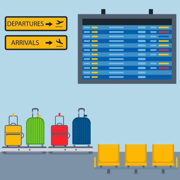 A flat, digital illustration showing a simple airport scene featuring chairs in the foreground and colorful suitcases in the background. At top is a large screen with signs to the left reading "Arrivals" and "Departures." Image illustrates an article on transportation options from LaGuardia to Manhattan and other locations.