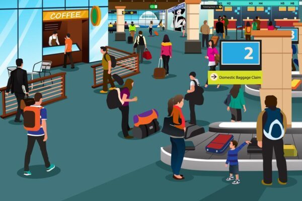 Digital illustration in flat style depicting a very busy airport baggage claim area with numerous passengers. Illustrates post on transportation options to travel from Newark Airport to Manhattan