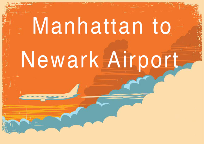 Digital illustration of vintage postcard, featuring an airplane flying through a cloud-filled sky. Used to illustrate post on traveling from Manhattan to Newark Airport