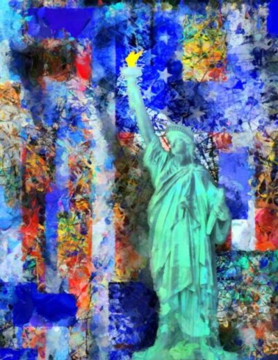 Statue of Liberty Colorful, abstract digital illustration of the Statue of Liberty against and a blue/white American flag. Manhattan to Newark Airport concept