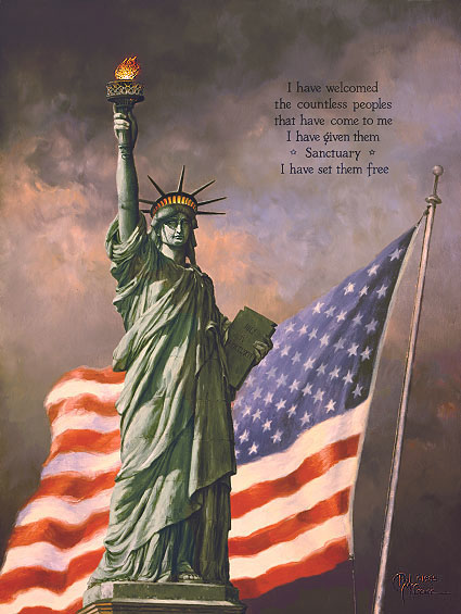 Image of a painting by Paul McGehee depicting a close-up view of the Statue of Liberty with an unfurled American flag and a dark, moody sky as backdrop.