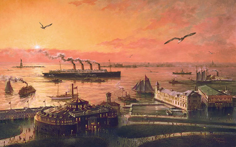 Image of an oil painting by artist Paul McGehee. It features a picturesque view of New York Harbor in the early 1900s. In the foreground is Castle Clinton, behind which we see a picturesque view of New York Harbor during a colorful red and orange sunset. The Statue of Liberty is in the deep background at left.