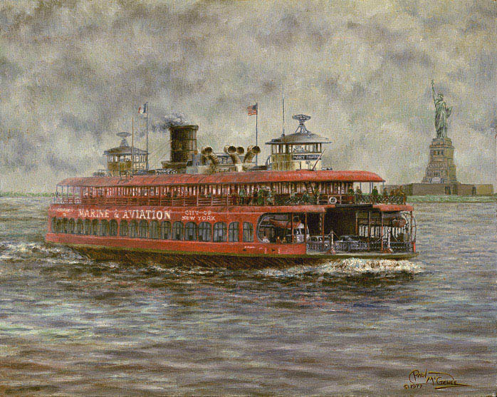 Image of a painting by artist Paul McGehee of the Staten Island Ferry passing in front of the Statue of Liberty on a cloudy day in the 1950s.