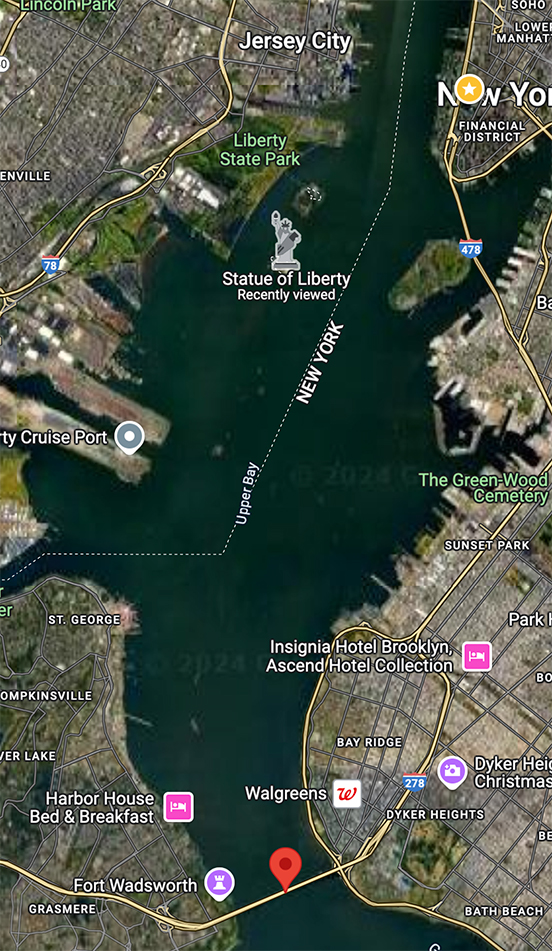 A Google Maps image showing New York Harbor, with Manhattan's Financial District at top and the Verrazano bridge at bottom. Used in a post about the Staten Island Ferry.