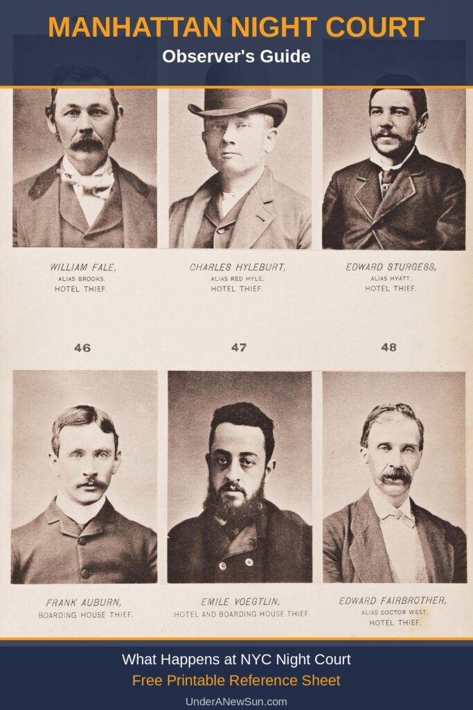 Manhattan Night Court observer's guide — rogues' gallery mugshots from Jacob Riis, Professional Criminals of America, 1886