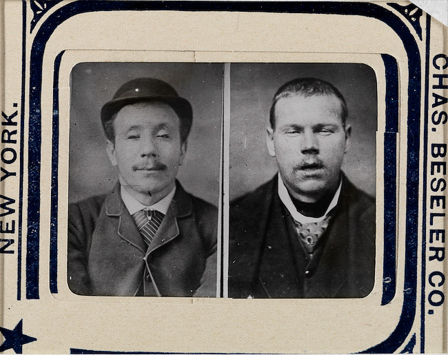 Inside Manhattan Night Court: A Visitor’s Guide 5 Two men in side-by-side portrait mugshots in a Chas. Beseler Co. photographic mount, New York City, circa 1890